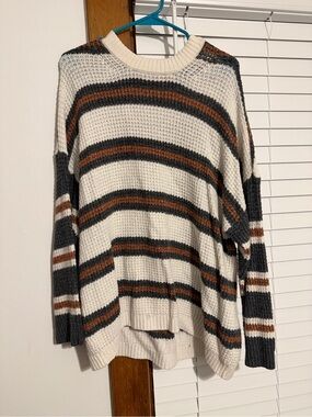 American Eagle Striped Textured Knit Crewneck Sweater Neutral Cozy Large